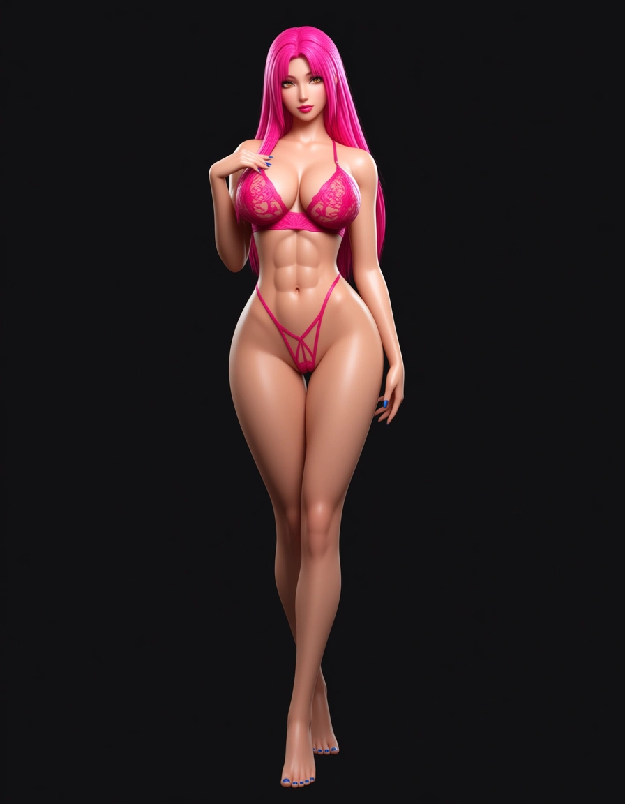 Kiara, Human, 5'9", 25 yrs old, Kiara, highres, vivid, explicit hentai render, best_quality, masterpiece, sharp_focus, best_lighting, looking_at_viewer, Rose-pink_hair, Amethyst_eyes, narrow_waist, hourglass_figure, athletic physique, abs, bare_legs, Oval_head, Attractive_facial-features, (small-zero-gap breasts), Long_hair, swept_bangs, Straight_hair, boudoir Studio, Lingerie Photoshoot, detail background, Hentai_studio_quality, straight-on, legs_apart, Rose-pink lace bra, Rose-Pink lace highleg_string_panties, standing, cleft_of_Venus, Tan skin, cute mature face, Minimalist fabric, Skimpy, clean art, seductive_smile, coral-pink lipstick, Navy-blue fingernail polish, navy-blue toenail polish, hentai_studio_quality