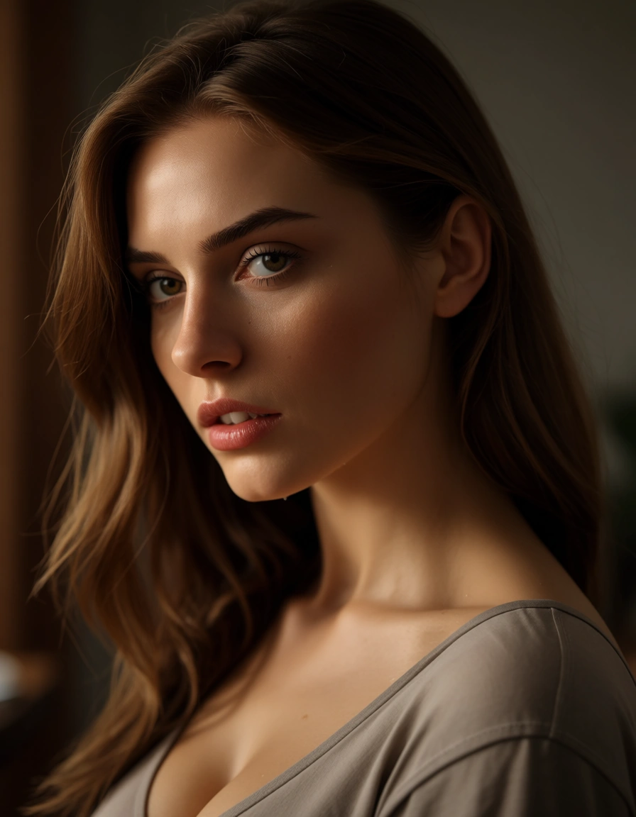 highly detailed, natural lighting, solo focus, brown hair, shirt, creampie, golden hour, lifelike render, score_9, score_8, candid photo, realistic skin texture, visible skin pores, film grain, depth of field