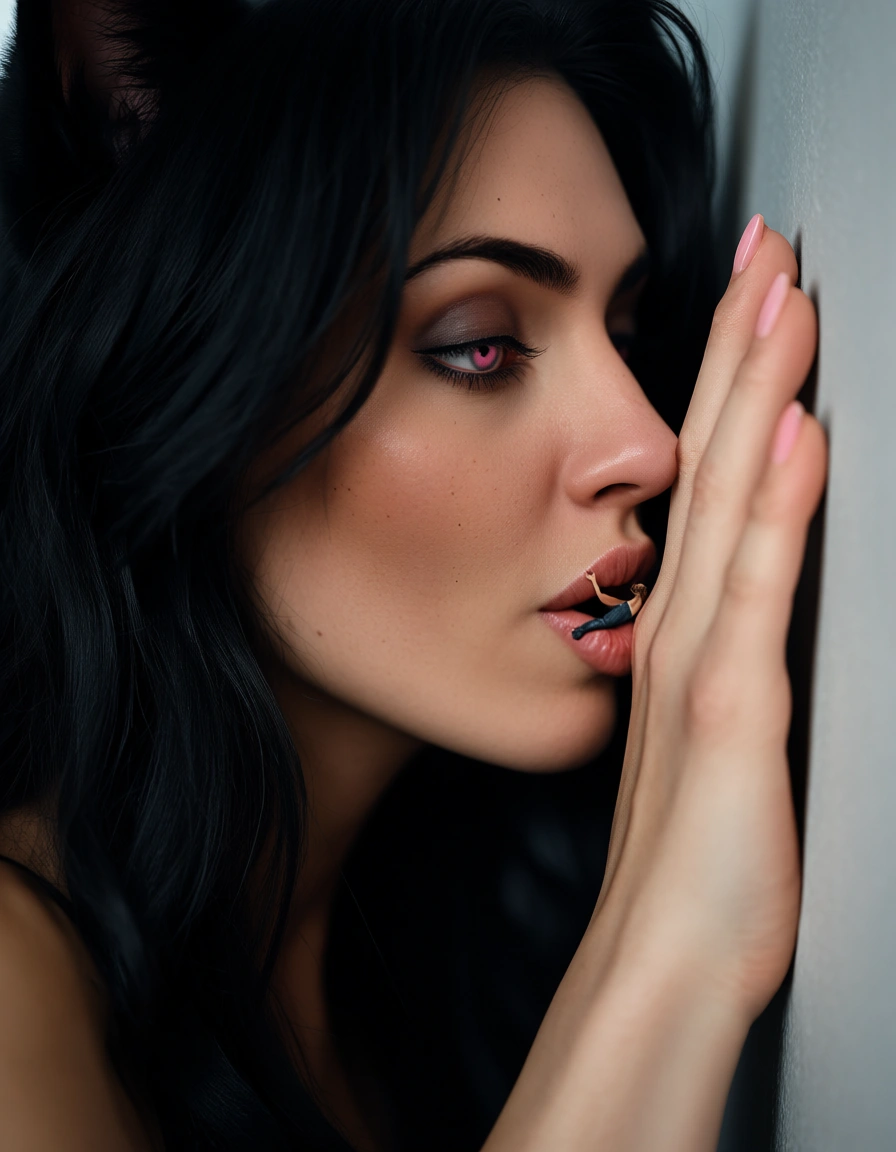 black_hair, pink_eyes, giantess, cat_woman, against_wall, 1woman, 1boy, kiss, score_9, score_8, candid photo, realistic skin texture, visible skin pores, film grain, depth of field