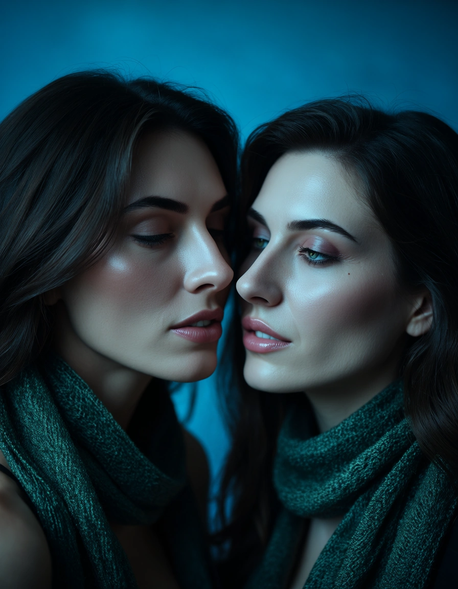 professional photo, high detail, couple, futanari, scarf, blue background, dreamy atmosphere, film photography, score_9, score_8, candid photo, realistic skin texture, visible skin pores, film grain, depth of field