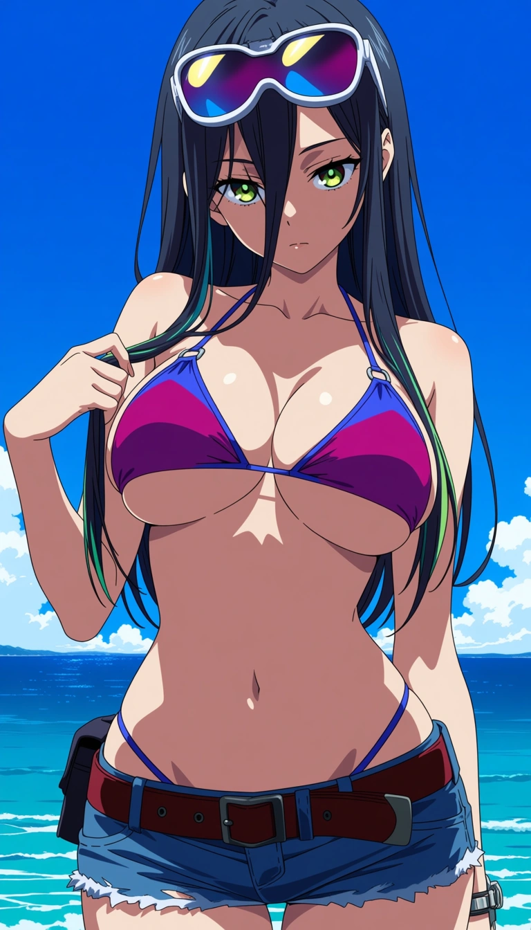highly detailed, sharp, 1girl, collarbone, belt, presenting, ocean, vivid anime colors, (anime style:1.3), 2d, anime screencap, cel shading, flat color, @00osamio00