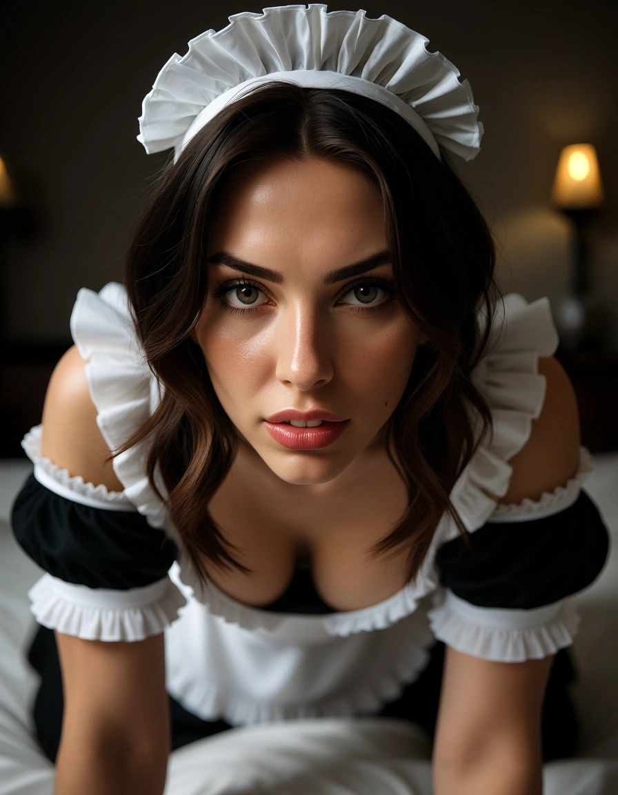 dslr, film grain, photorealistic, maid, frills, on all fours, studio photo, score_9, score_8, candid photo, realistic skin texture, visible skin pores, film grain, depth of field