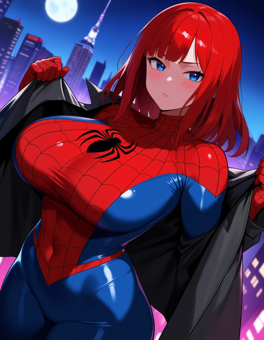 Redheaded girl with big breasts, small cock, in a Spiderman costume, hentai_studio_quality