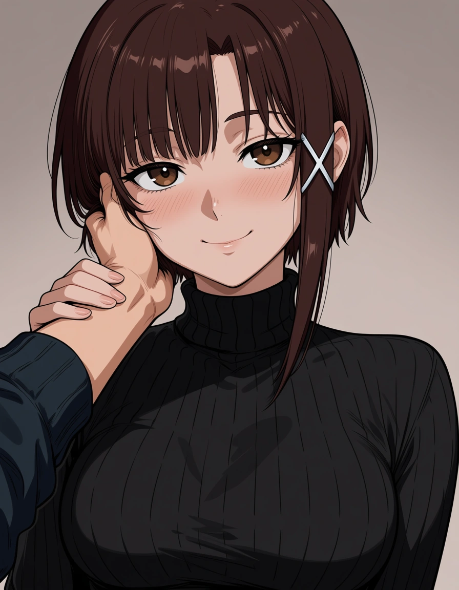 akairiot_artstyle, @iwakura_lain, serial_experiments_lain, 1girl, solo, brown_hair, short_hair, single_sidelock, hair_ornament, hairclip, x_hair_ornament, asymmetrical_hair, brown_eyes, aged_up, blush, smile, medium_breasts, black_sweater, turtleneck_sweater, looking_at_viewer, eye_contact, hand_on_another's_face, pov_hands, pov, hentai_studio_quality