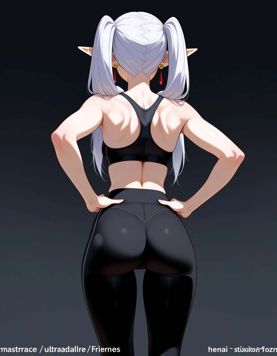 /masterpiece /ultra_detailed /highres @frieren #sports_bra #leggings #stretching #leg_up #outdoors, hentai_studio_quality
