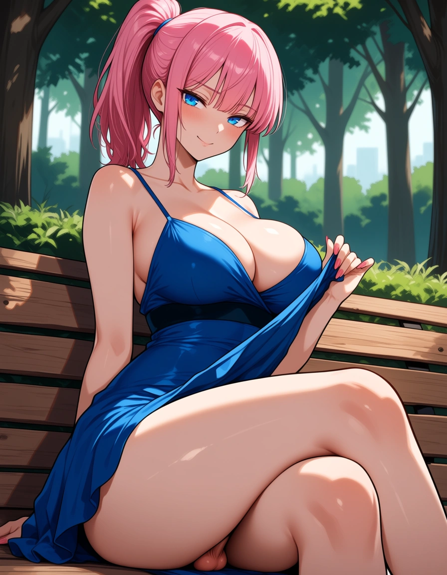 futanari, pink_hair, ponytail, blue_eyes, seductive_smile, blue dress, wide_hips, medium_breasts, sitting, dress_lift, park bench, hentai_studio_quality