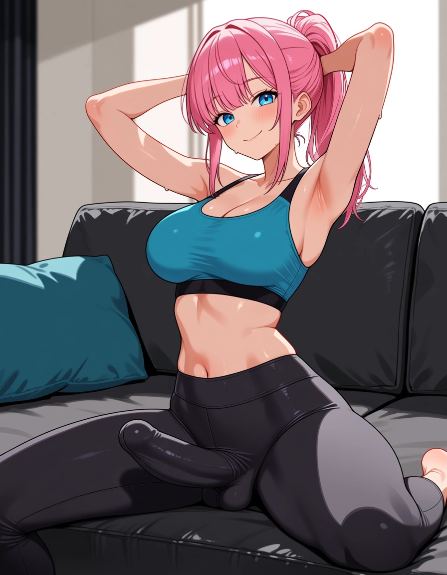 futanari, pink_hair, ponytail, blue_eyes, medium_breasts, wide_hips, yoga pants, erection_under_clothes, stretching, smile, blush, living room, hentai_studio_quality