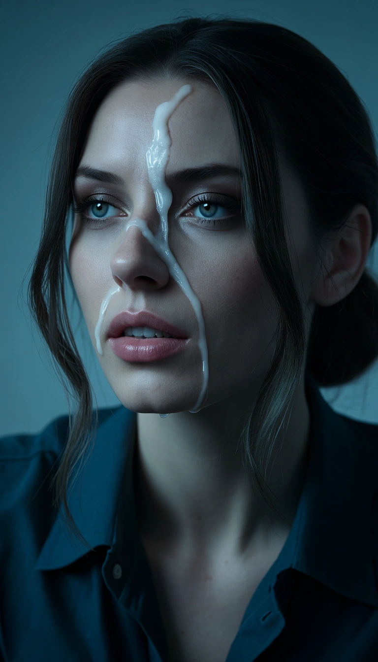 cinematic photo, 8k, solo female, sidelocks, collared shirt, cum on face, cool tones, lifelike render