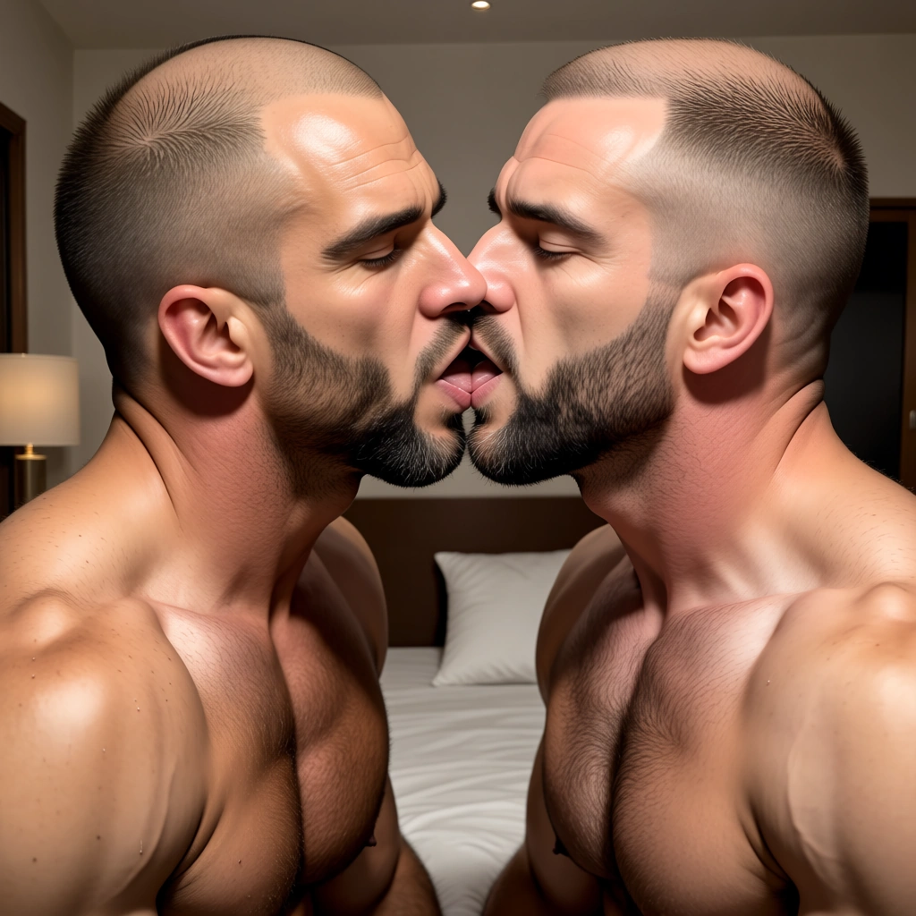 Two beefy and muscular men with a shaved head and beard are kissing and fucking aggressively and passionately in a bedroom