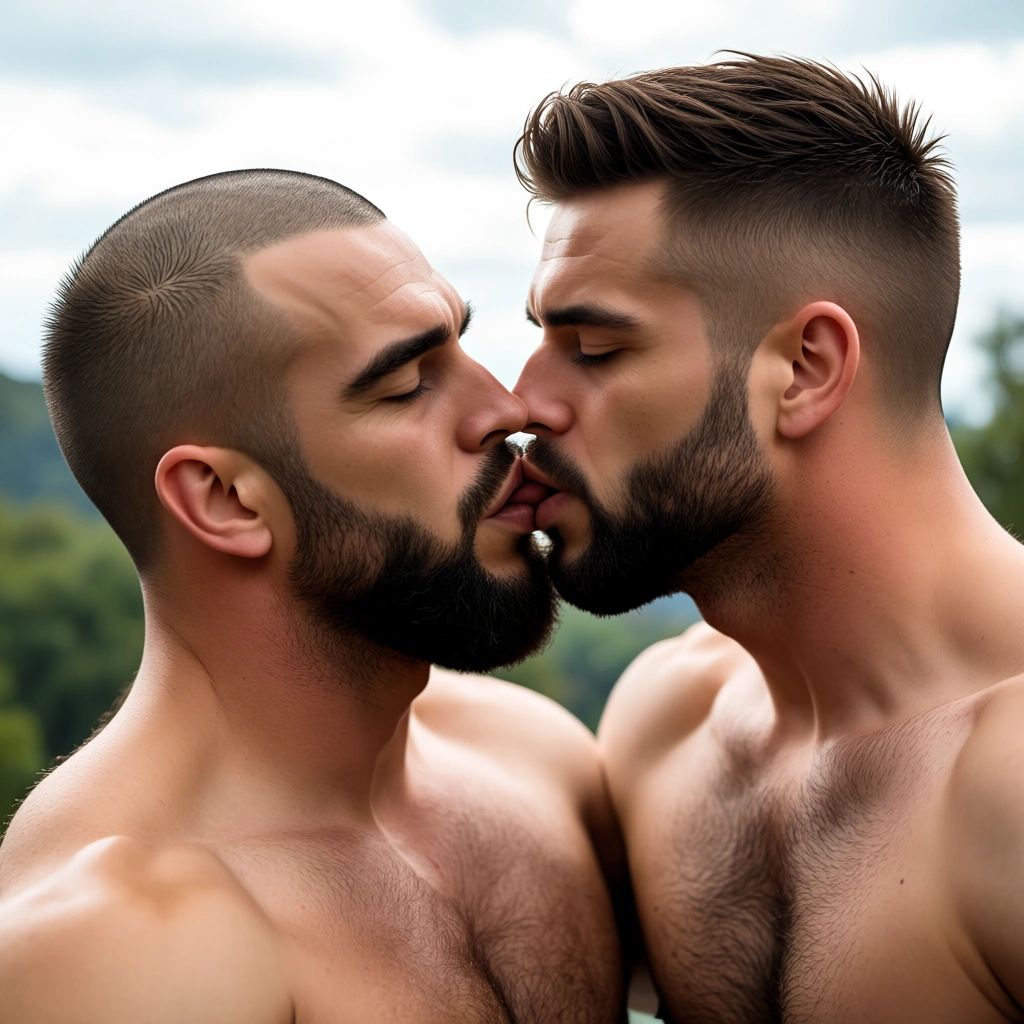 Two naked, beefy and muscular men with a shaved head and beard kiss and then the man on the right punches the other man in the face