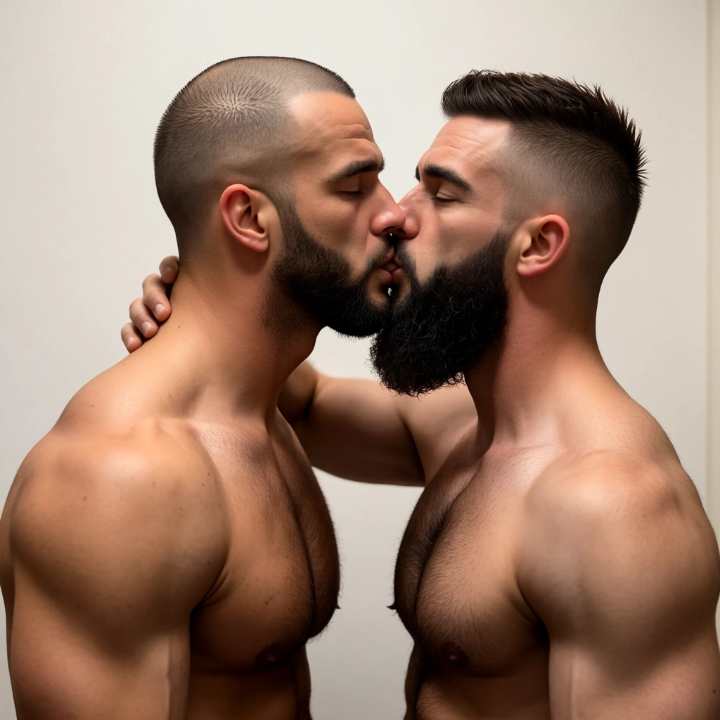 Two naked, beefy and muscular men with a shaved head and beard kiss and then the man on the right punches the other man in the face, full body view