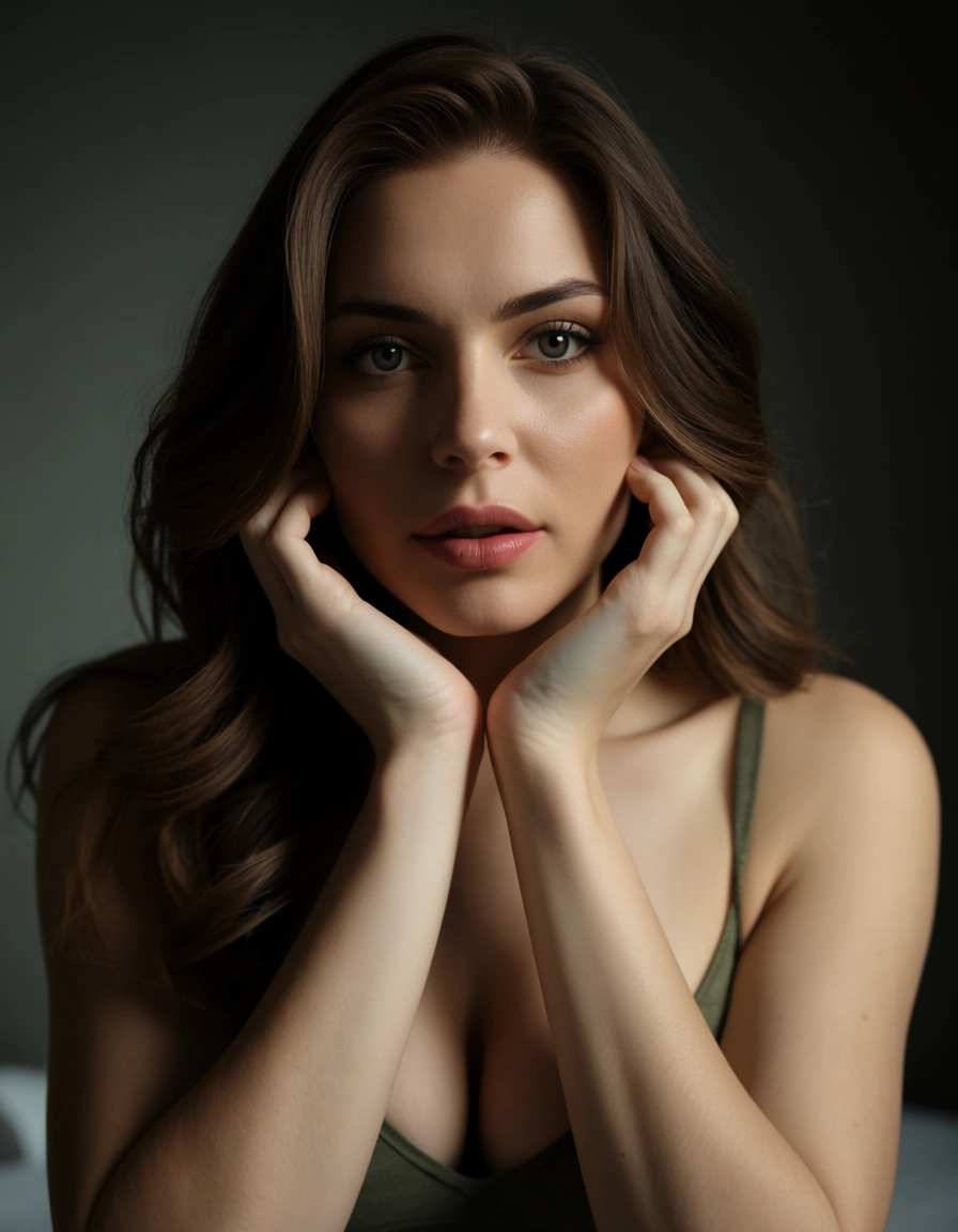 ultra HD, lifelike, solo female, bare arms, heart, presenting, military, backlit, lifelike render, score_9, score_8, candid photo, realistic skin texture, visible skin pores, film grain, depth of field