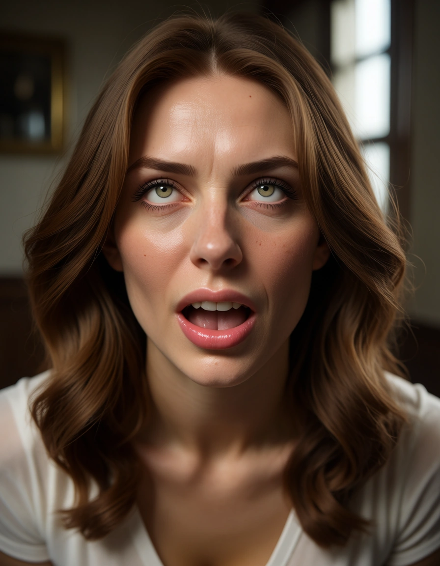 8k, sharp focus, detailed skin, princess, white shirt, ahegao, window light, photorealistic, score_9, score_8, candid photo, realistic skin texture, visible skin pores, film grain, depth of field