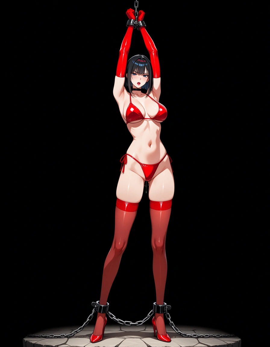 *woman chained arms above head in isolated basement, legs chained. She wear red (bikini, choker, opera gloves, stockings, heels). Red ballgag on her.*, hentai_studio_quality