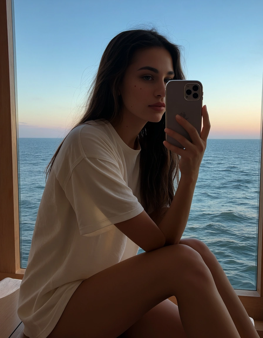smartphone quality, natural, over the shoulder, 4women, bare legs, shirt, facesitting, ocean, real life photo, score_9, score_8, amateur photo, phone snapshot, realistic skin texture, skin blemishes, soft indoor lighting