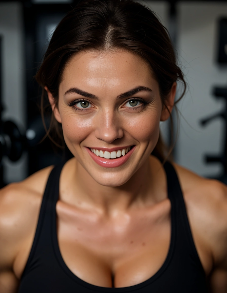 studio quality, sharp focus, portrait, fitness model, futanari, skindentation, playful expression, film photography, score_9, score_8, candid photo, realistic skin texture, visible skin pores, film grain, depth of field