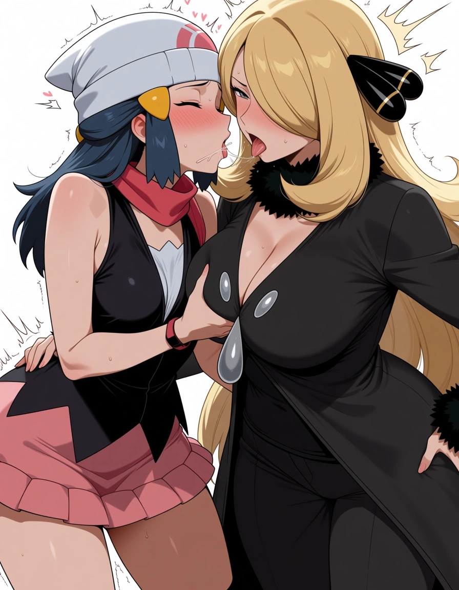 highres, 2girls, @dawn_(pokemon), @cynthia_(pokemon), grabbing_another's_breast, french_kiss, squirting, orgasm, embarrassed,, hentai_studio_quality