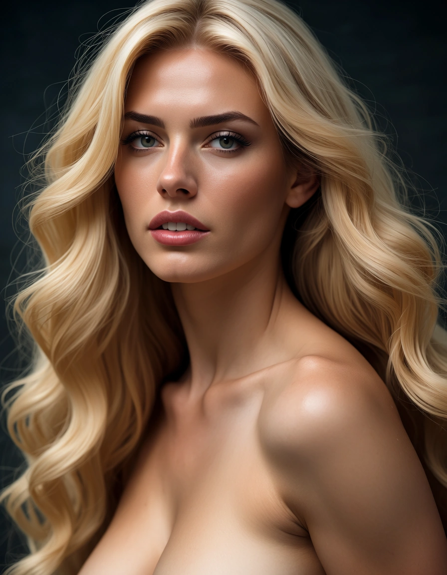 Stunning 18yo in a supergirl costume. Very long wavy blonde hair. Topless. flying, score_9, score_8, candid photo, realistic skin texture, visible skin pores, film grain, depth of field