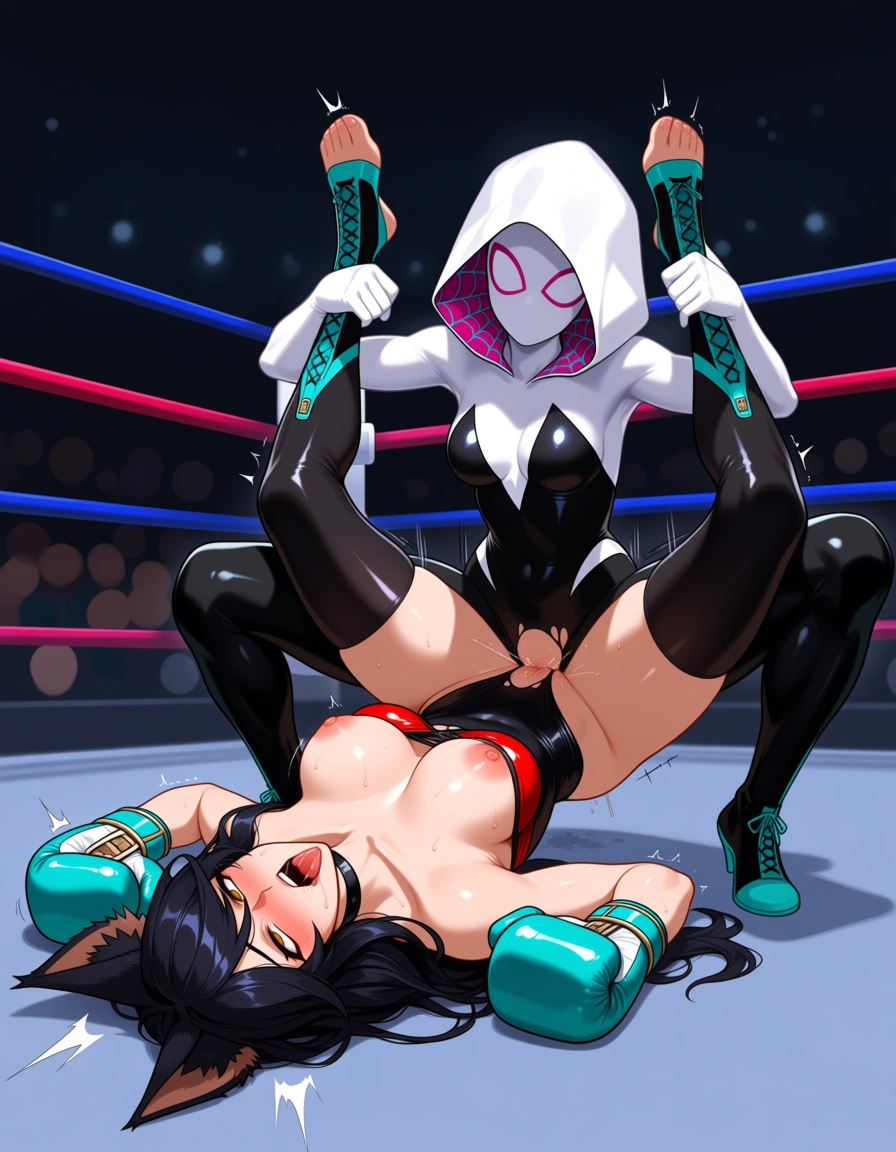 2girls, @ahri_(league_of_legends) , @spider-gwen , wrestling , boxing , strap on, orgasm , ahegao , yuri , sex, pussy_juice, pinned_down, hentai_studio_quality, hentai_studio_quality