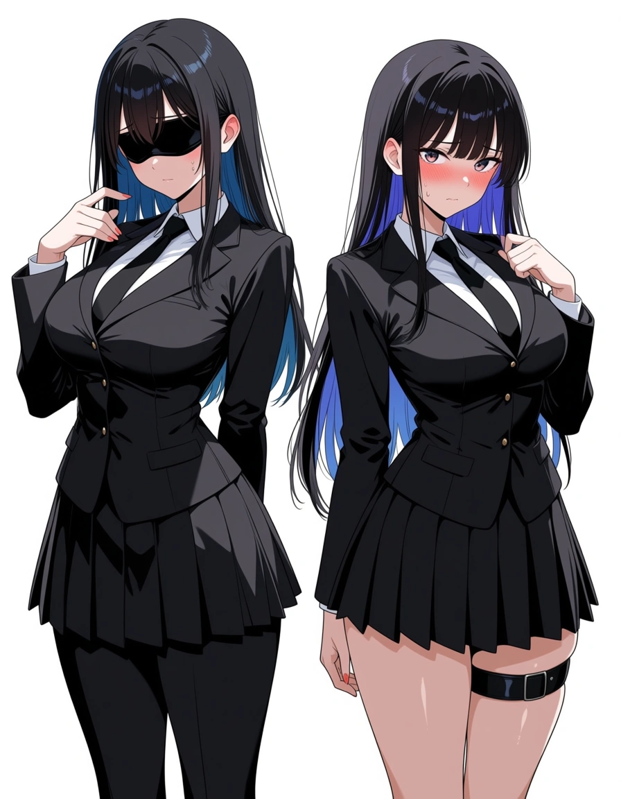 best quality, polished, multiple girls, thigh strap, necktie, creampie, nervous blush, blindfold, hentai_studio_quality