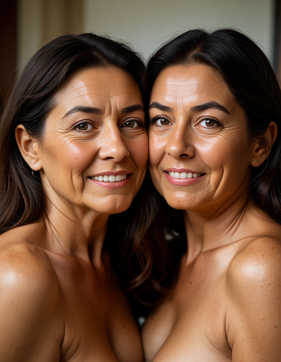score_9, score_8, @2025, @candid photo, (amateur photography:1.2), (realistic skin texture:1.4), visible skin pores, skin blemishes, goosebumps, natural skin, soft natural lighting, (depth of field), film grain, two old aged mexican woman nude together