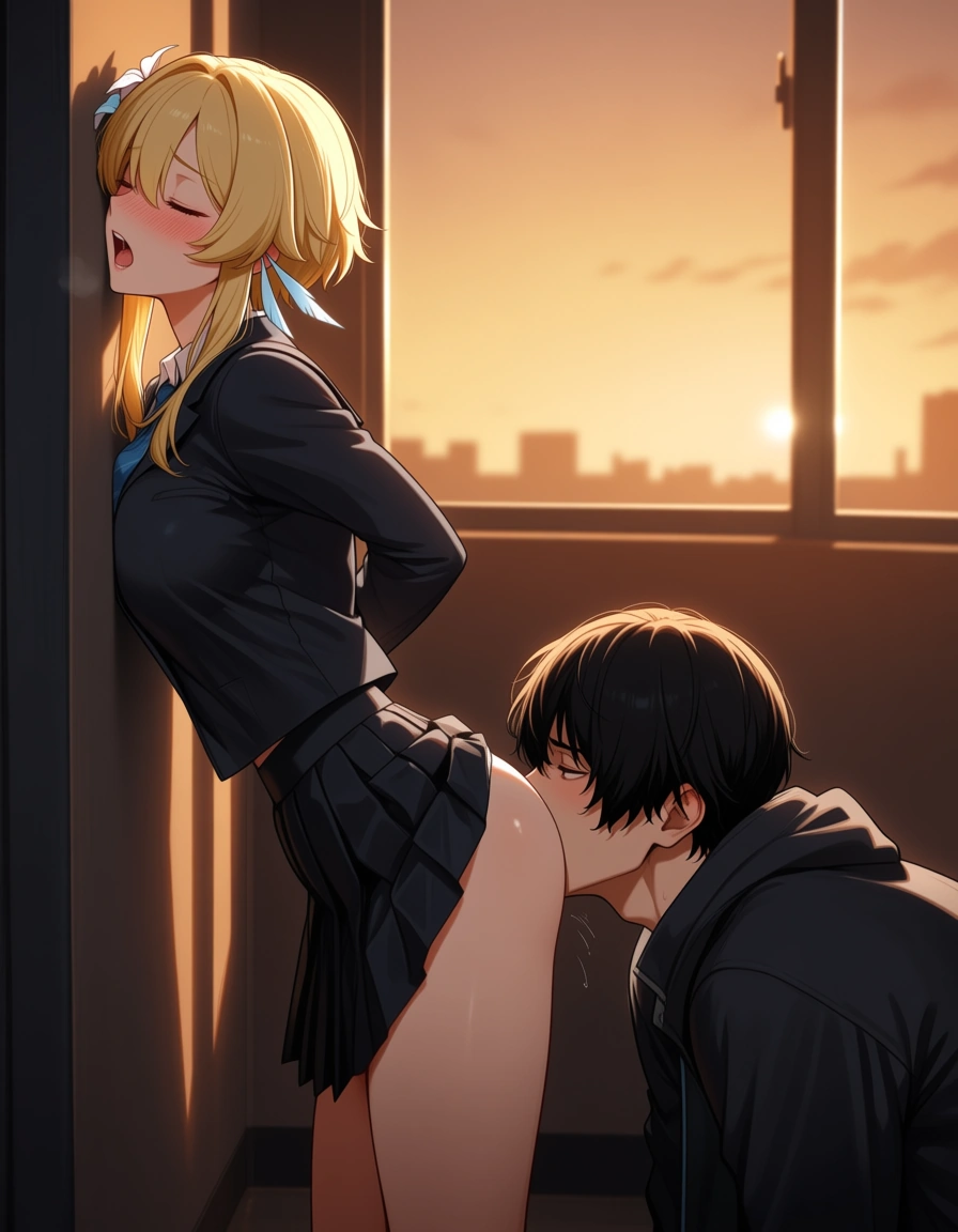 lumine, against_wall , g-string, school_uniform , classroom , moaning, anilingus, 1boy, 1girl, blush, panties_aside, hentai_studio_quality