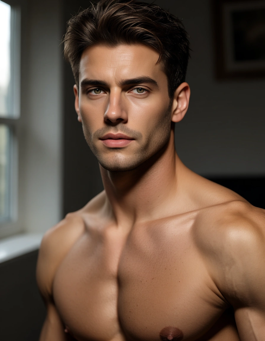 best quality, hyperrealistic, male focus, athletic build, bikini, topless, portrait, window light, RAW photo, score_9, score_8, candid photo, realistic skin texture, visible skin pores, film grain, depth of field