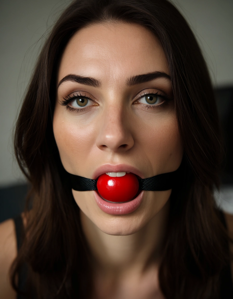 College freshman, brunette, ball gagged, score_9, score_8, candid photo, realistic skin texture, visible skin pores, film grain, depth of field