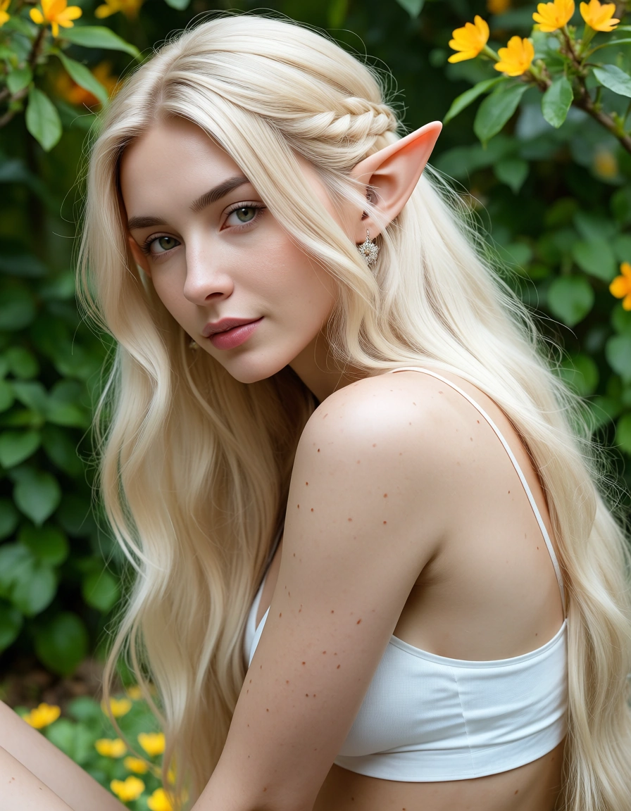 score_9, score_8, @2025, @candid photo, (amateur photography:1.2), (realistic skin texture:1.4), visible skin pores, skin blemishes, goosebumps, natural skin, soft natural lighting, (depth of field), film grain, RAW photo, ultra realistic, side view, elf girl, facesitting, midriff, petals, dslr quality