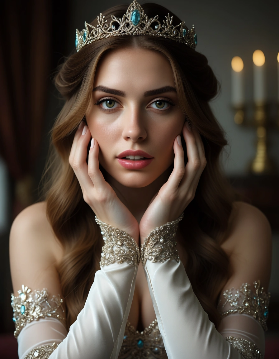highly detailed, natural lighting, princess, fingernails, detached sleeves, creampie, RAW photo, score_9, score_8, candid photo, realistic skin texture, visible skin pores, film grain, depth of field