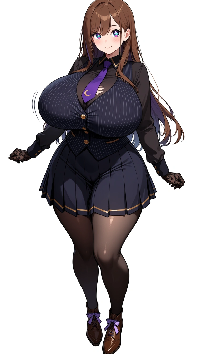 A slender and extremely curvacious webtoon woman, anime art style, fair skin, slight blush, gentle smile, long chestnut brown hair reaching past waist, deep side part with long side-swept bangs draped across forehead, strands framing the face. Very detailed expressive anime eyes, thick dark eyelashes with outer flicks, dark purple diamond-shaped pupil, multi-color gradient iris starting dark purple at top to teal to light mint green at bottom, white four-point star highlight in upper iris, small square catchlights, pale mint crescent arc at bottom of iris. Wearing a dark gothic-preppy outfit: dark charcoal long bishop-sleeve blouse with dark purple necktie, tailored dark pinstripe vest with gold buttons and dark purple trim, dark charcoal high-waisted pleated midi skirt with subtle fabric pattern. Patterned black lace gloves, detailed black lace tights, brown leather vintage oxford shoes with lavender bow ribbons.  

The front of her top is torn open, she's fallen over onto her front onto her breasts which are three times the size of her and ballooning in size. gigantic_breasts, cameltoe, wide_hips, puffy_nipples, blush, anime, large_thighs, detailed expressive eyes, smooth natural animation, glamorous lighting, high detail, clean elegant linework, polished shading, skindentation, thick_thighs, masterpiece, best quality, absurdres, highres