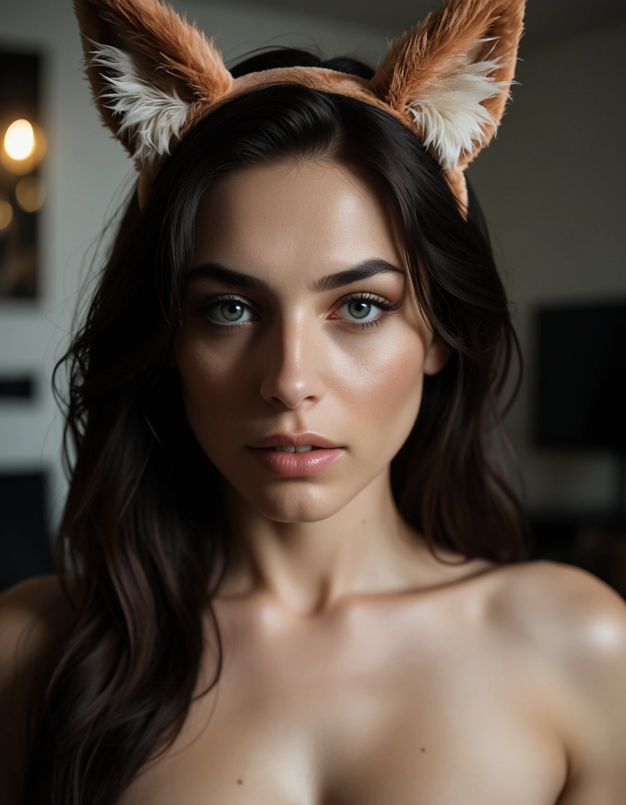 studio quality, sharp focus, medium shot, 1other, futanari, fake animal ears, indoors, 8k uhd photo, score_9, score_8, candid photo, realistic skin texture, visible skin pores, film grain, depth of field