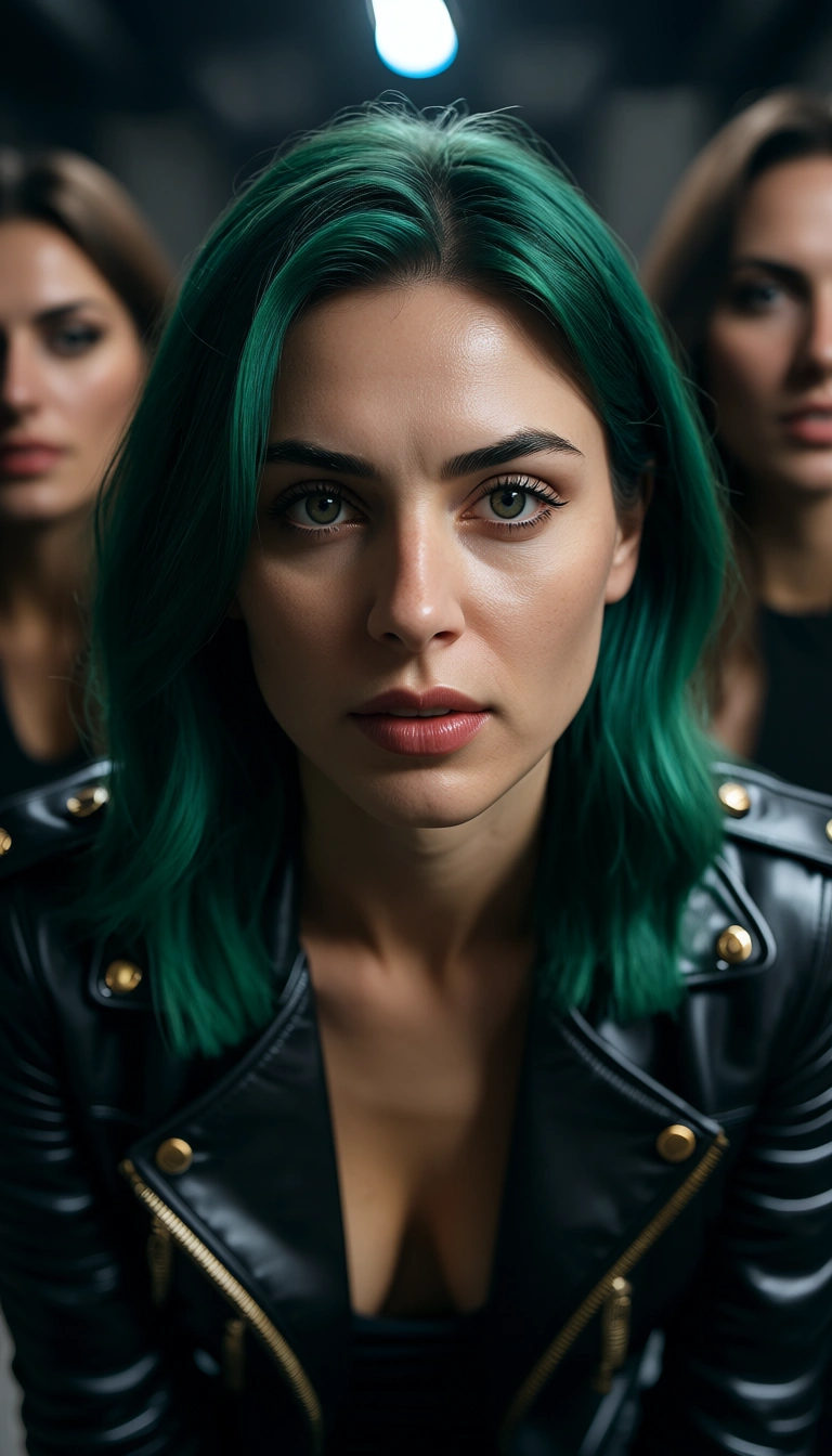 studio quality, sharp focus, multiple women, green hair, jacket, grinding, cinematic realism