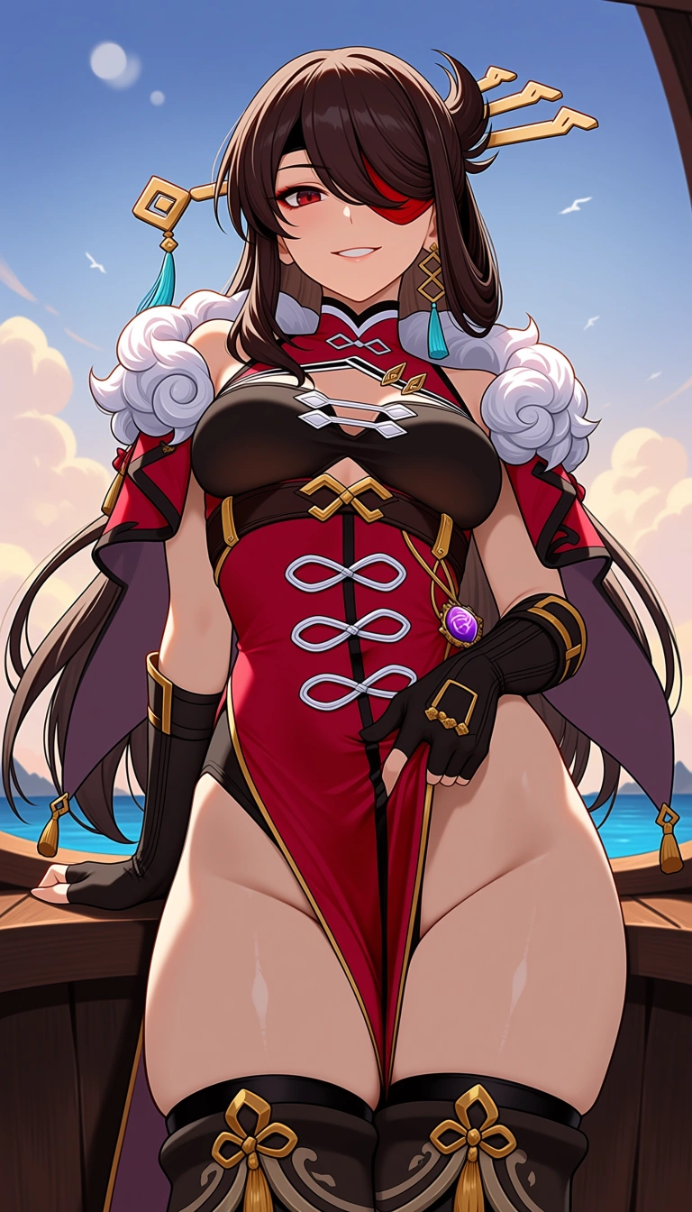 Masterpiece, 1girl, Beidou character from genshin impact , look at viewer, Medium
breasts, outfit, pull cheongsam aside, Brave Smile, Cameltoe, lightweight body, boat background .,,, value:0.1 for: hentai_studio_quality.,,,,.,,, hentai_studio_quality, hentai_studio_quality, hentai_studio_quality, hentai_studio_quality