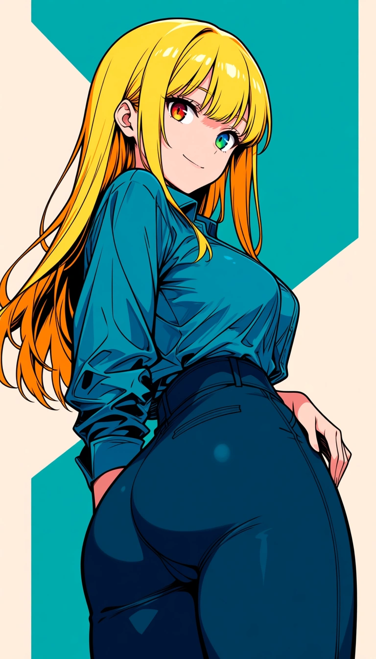 2   no robot, no decent art, single frame, professional art, shirt visible, Masterpiece, natural perky medium breasts, , look at viewer,1 girl, forest background,  Anime Female With Long blonde hair, heterochromia, blue and green eyes, from behind, stand, legs together, blue pants, blue unbuttoned shirt, cameltoe, soft smile ... single continuous shot, full widescreen view, one single image, uninterrupted scene, no borders, no panels, wide angle cinematic photograph, single perspective, edge-to-edge frame ... modern digital drawing style, clean monoline ink linework, flat cel shading with minimal soft gradients, vibrant color palette with high-contrast accent tones, minimalist geometric background elements, crisp vector-like finish, contemporary graphic illustration,,,,, hentai_studio_quality, hentai_studio_quali, hentai_studio_quality
