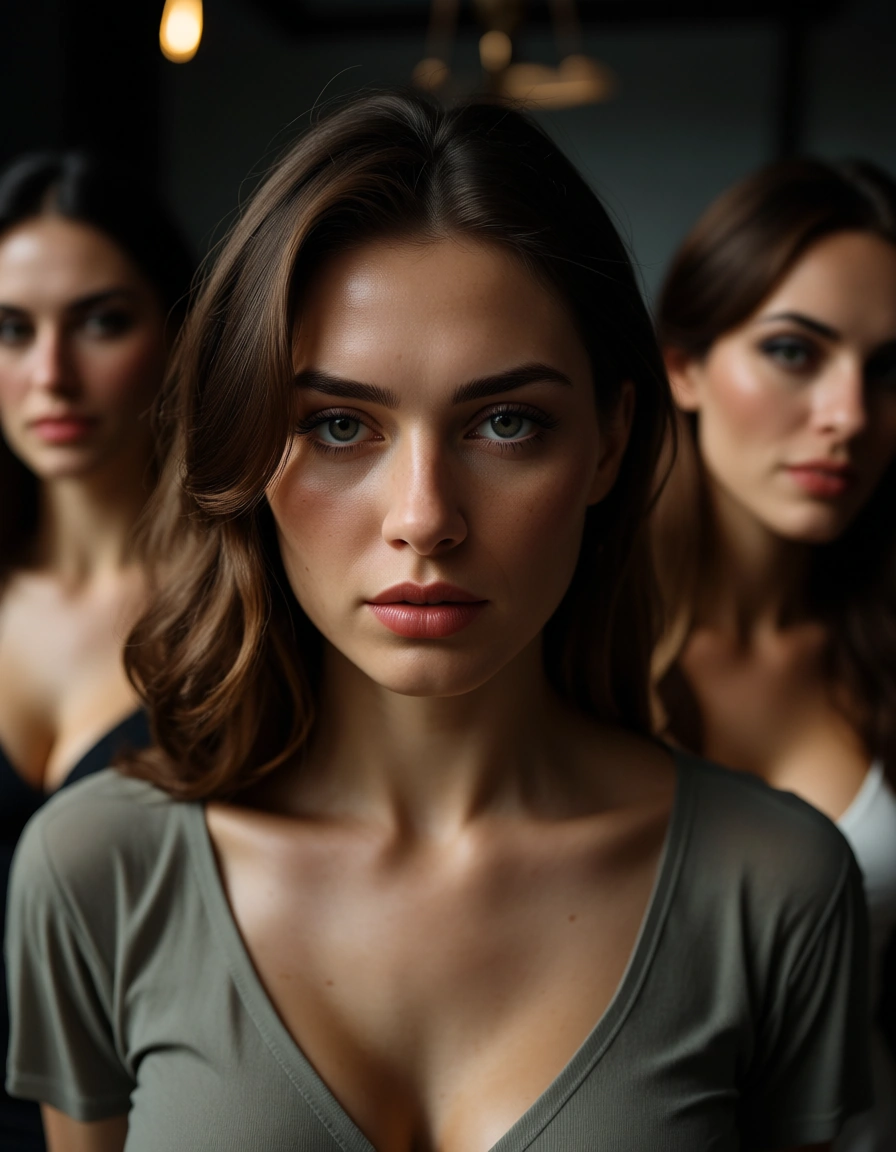 dslr, film grain, photorealistic, multiple girls, shirt, presenting, cinematic realism, score_9, score_8, candid photo, realistic skin texture, visible skin pores, film grain, depth of field