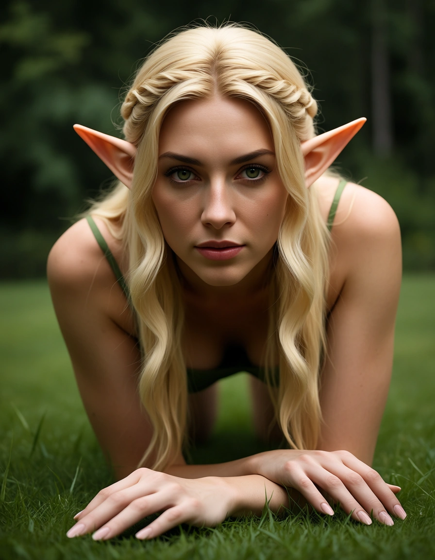 ultra HD, lifelike, elf woman, on all fours, fingernails, outdoors, lifelike render, score_9, score_8, candid photo, realistic skin texture, visible skin pores, film grain, depth of field
