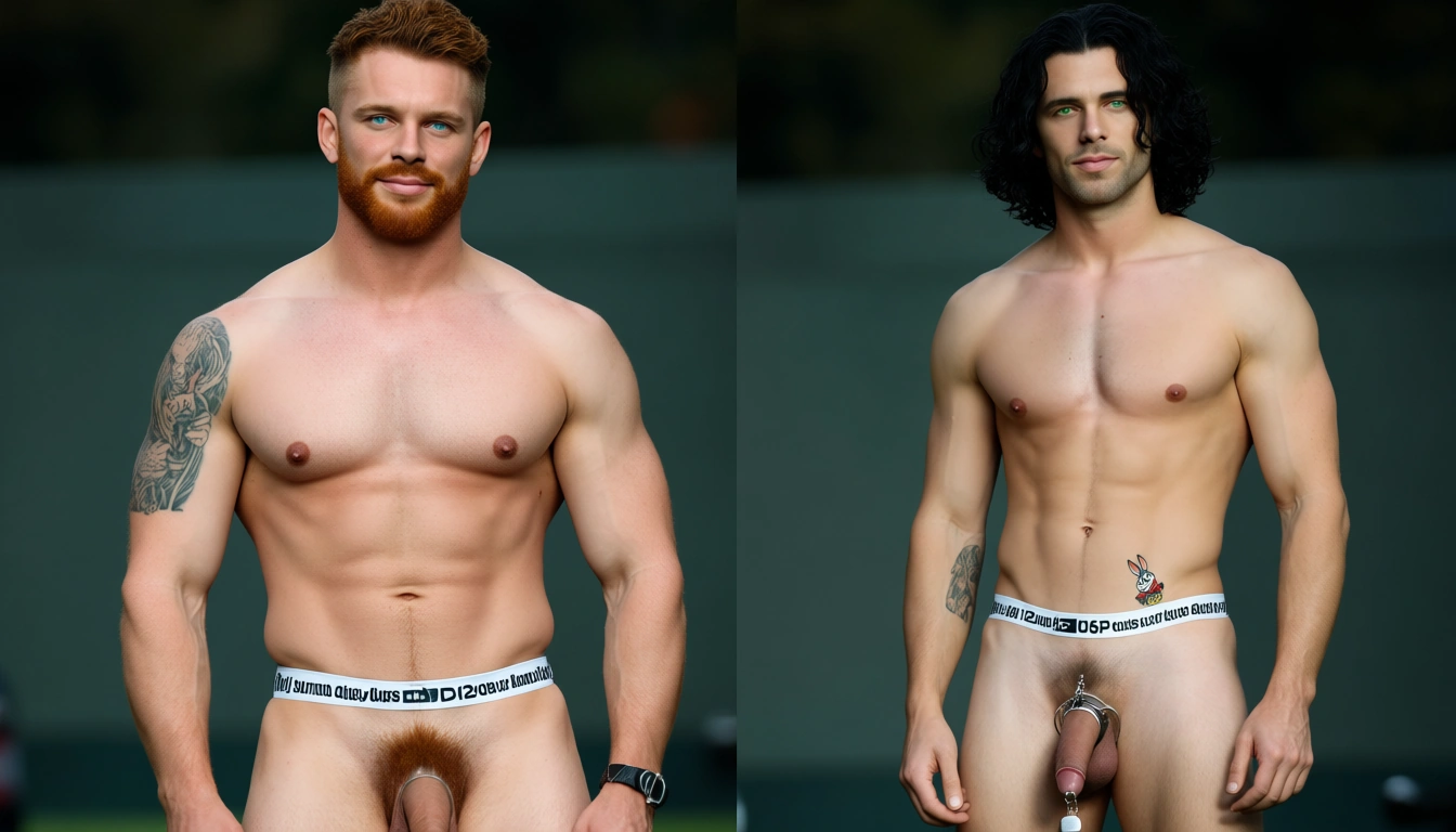 Man 1: A 6’9” tall, with a strong rugby build, with bright blue eyes, with auburn scruff, a tattoo “daddy” inner left bicep, and a 10.5” long and thick pierced cock. 
Man 2: 5’2” tall, a slight runners build body, with emerald green eyes, shoulder length black wavy hair, a small tattoo of Bugs Bunny on his right waist band, a 5” shaved cock locked in a chastity cage, about to be fucked by male one.