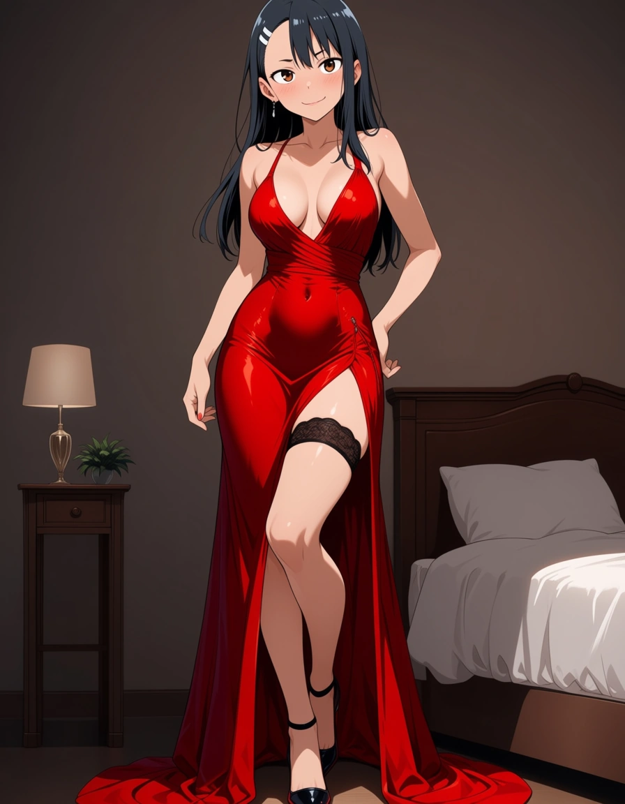 /best_quality /ultra_detailed @nagatoro_hayase #1girl #mirror #selfie #high_heels #red_dress #bedroom #casual, hentai_studio_quality