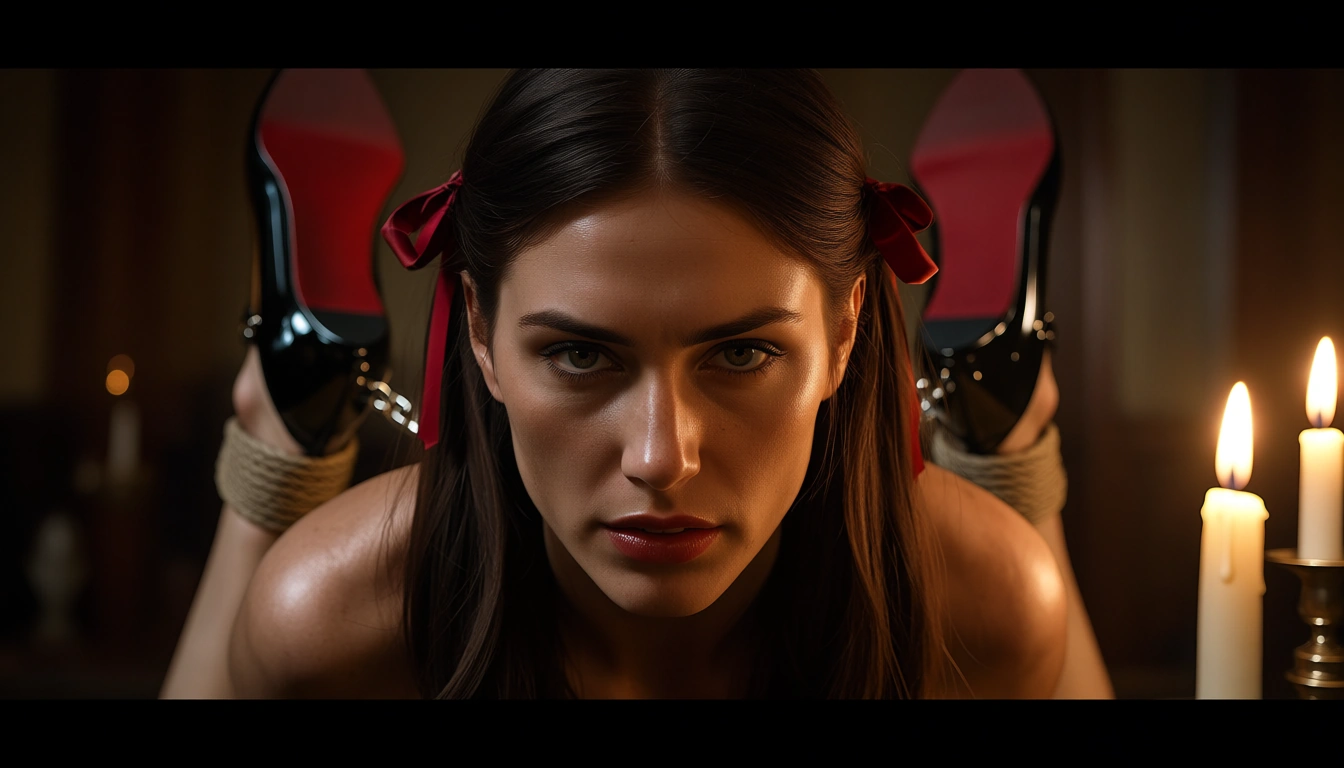 cinematic photo, 8k, milf, hair ribbon, shoes, bondage, candlelight, 8k uhd photo, score_9, score_8, candid photo, realistic skin texture, visible skin pores, film grain, depth of field