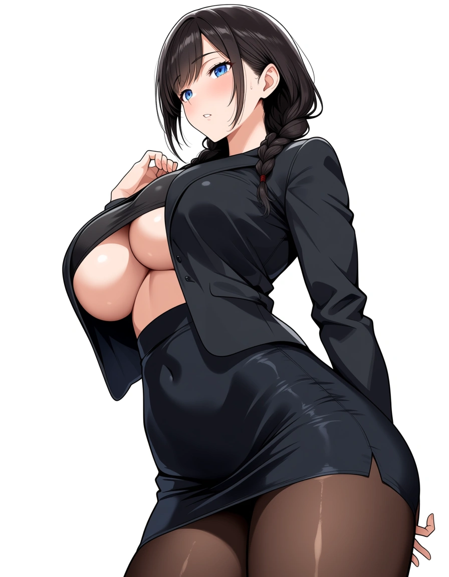 best quality, explicit detail, office lady, standing pose, creampie, underboob, braid, transparent background, manga panel look, hentai_studio_quality