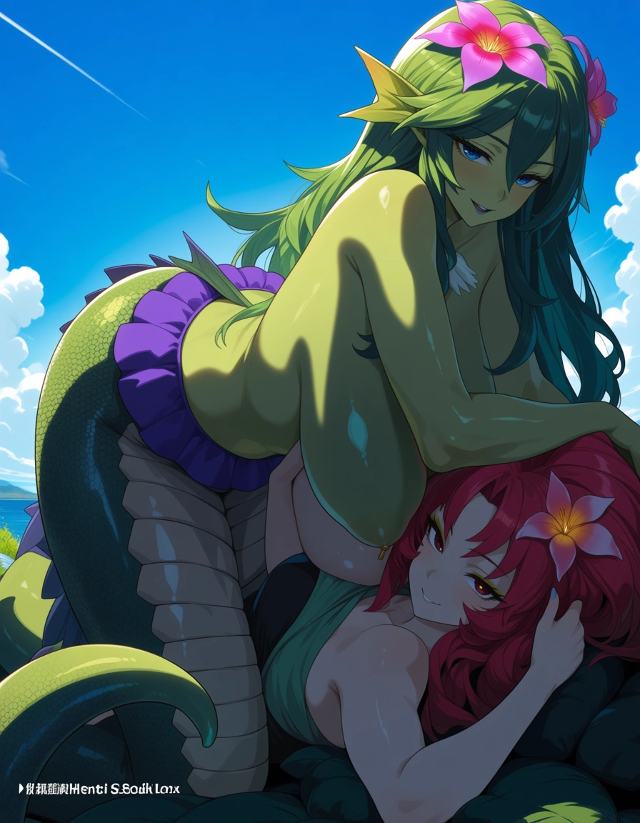 absurdres, highres, , curvy figure, flower, 69 position, blue sky, hentai style, 2girls, monster_girl, hentai_studio_quality