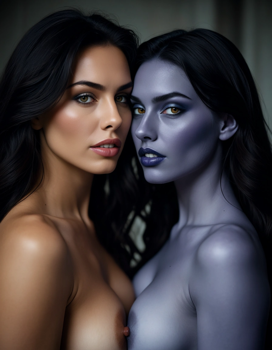 professional photo, high detail, 2girls, presenting, colored skin, seductive look, cinematic realism, score_9, score_8, candid photo, realistic skin texture, visible skin pores, film grain, depth of field