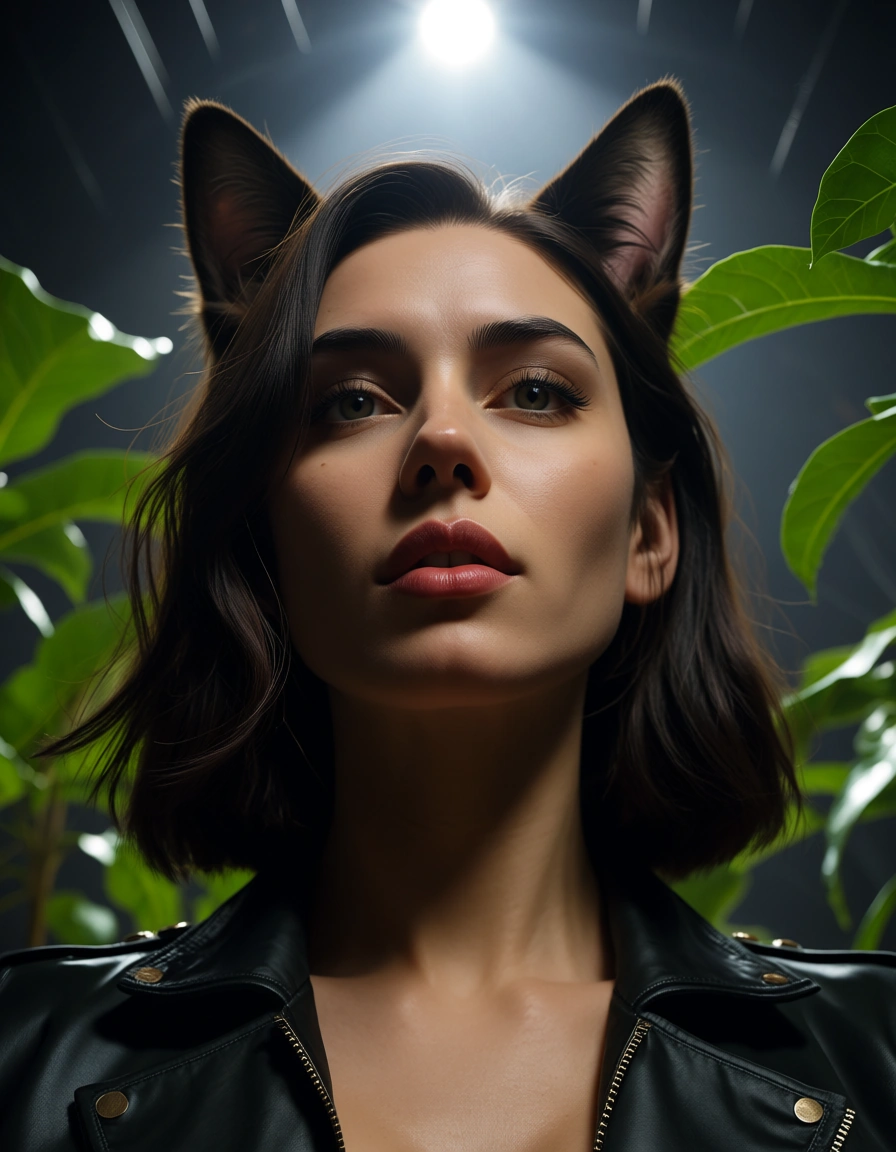 highly detailed, natural lighting, catgirl, lips, jacket, facesitting, leaf, from below, spotlight, cinematic realism, score_9, score_8, candid photo, realistic skin texture, visible skin pores, film grain, depth of field