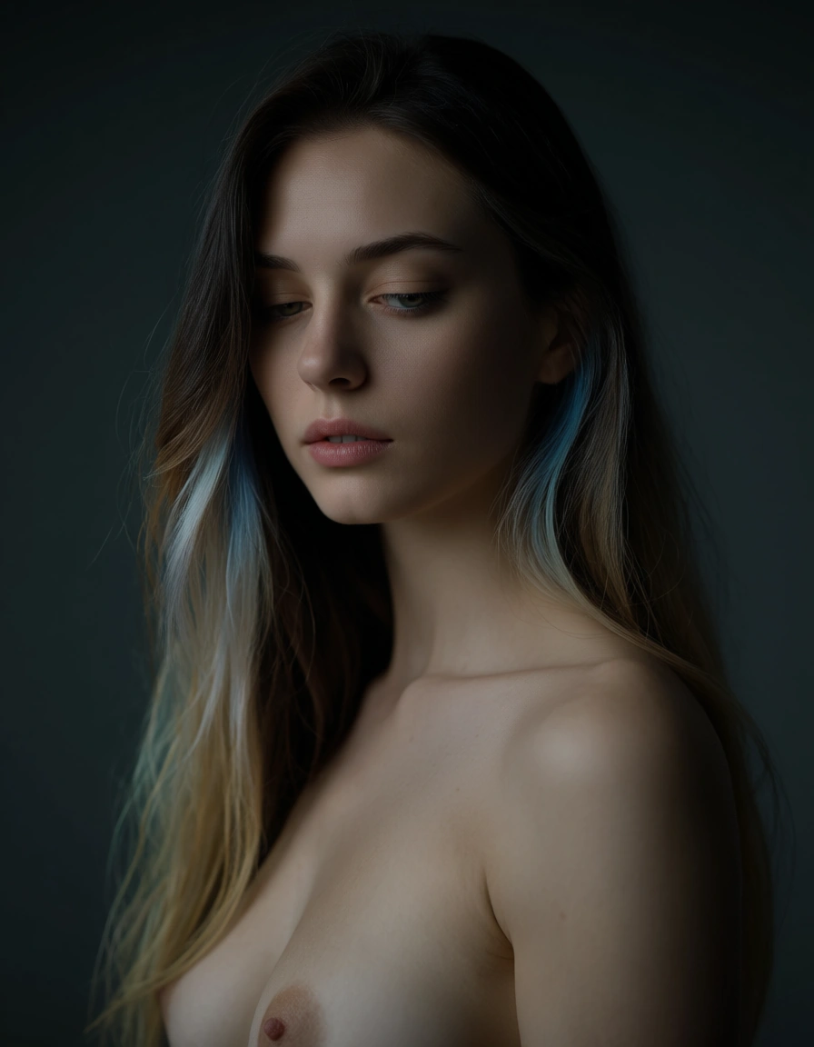 1girl, solo, nude, standing, young woman, long multicolored hair, soft blended hair colors, serene expression, half-closed eyes, medium breasts, soft natural body, realistic skin, faint blemishes, subtle skin texture, delicate wrinkles, fine skin detail, soft diffused lighting, gentle rim light, low contrast lighting, soft shadows, fine art photography, studio background, dark muted background, shallow depth of field, subtle film grain, cinematic softness, photorealistic, ethereal atmosphere, quiet mood, elegant composition, soft rim lighting, cinematic lighting, detailed skin texture, natural skin tones, portrait, simple background, score_9, score_8, candid photo, realistic skin texture, visible skin pores, film grain, depth of field