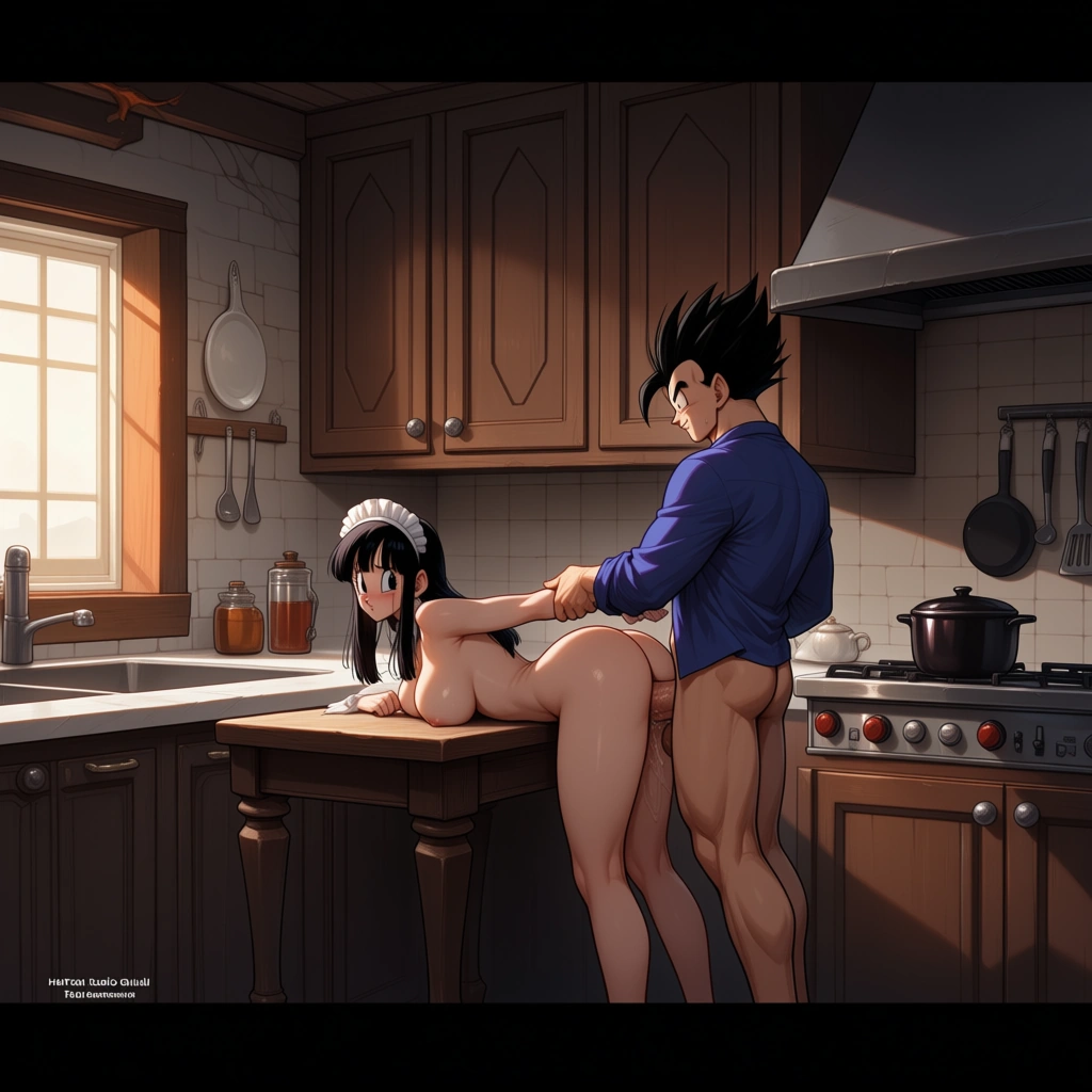 Son Gohan, Erasa (Dragon ball), Maid, open_clothes, sex_from_behind, Kitchen, table, hentai_studio_quality