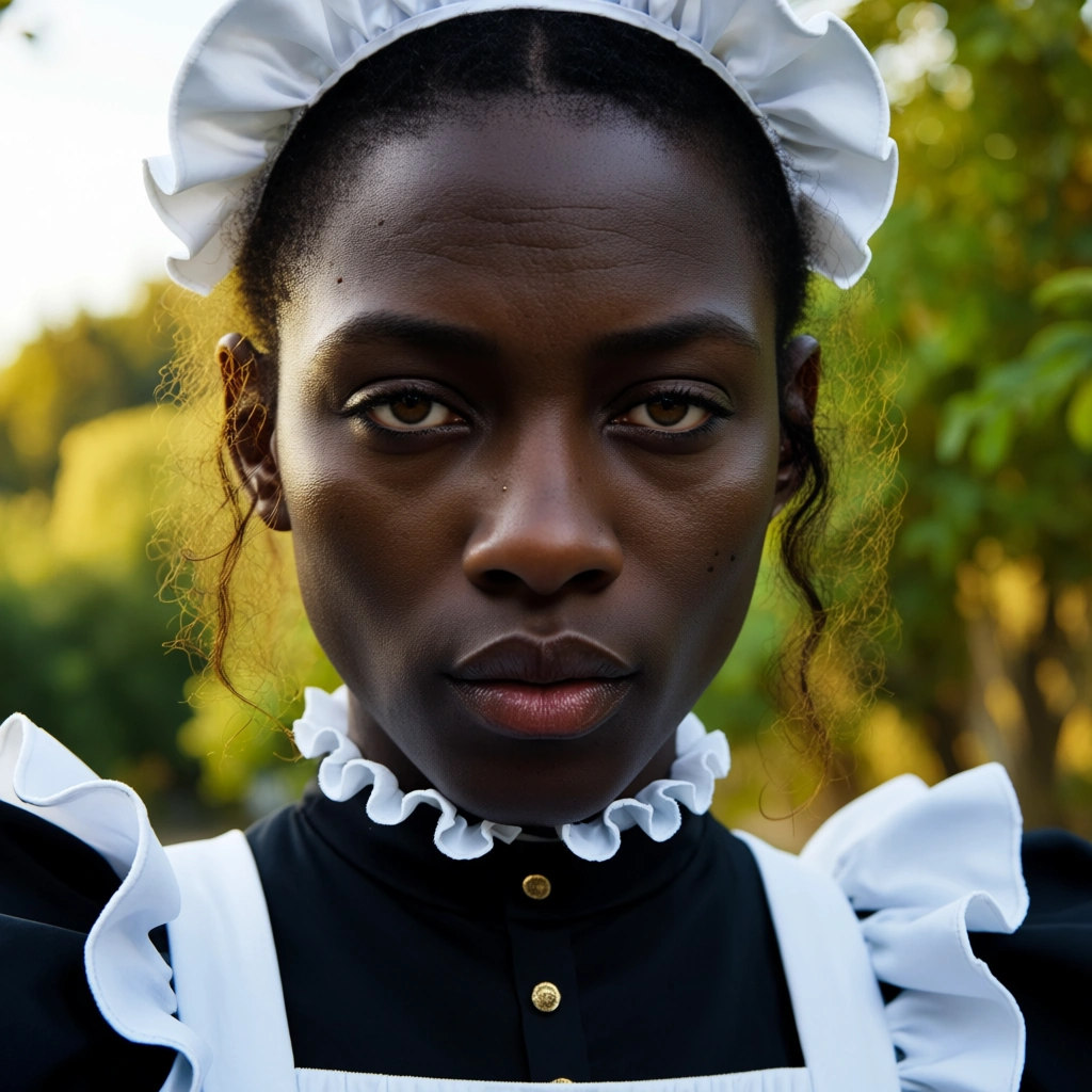 studio quality, sharp focus, wide shot, maid, stripping, dark-skinned male, outdoors, dominant stare, natural skin texture