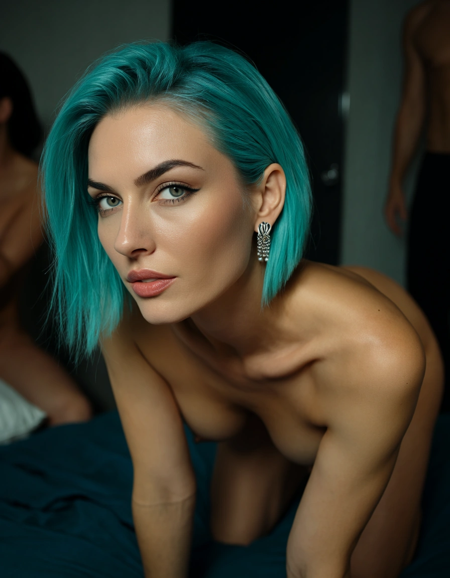 highly detailed, natural lighting, solo focus, aqua hair, earrings, on all fours, natural skin texture nude, score_9, score_8, candid photo, realistic skin texture, visible skin pores, film grain, depth of field