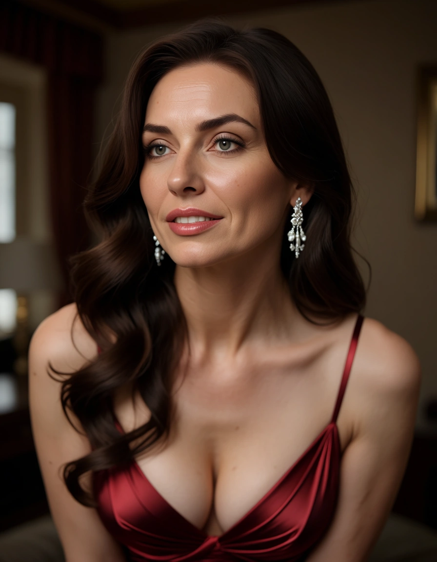 ultra HD, lifelike, mature female, evening gown, bondage, RAW photo, score_9, score_8, candid photo, realistic skin texture, visible skin pores, film grain, depth of field