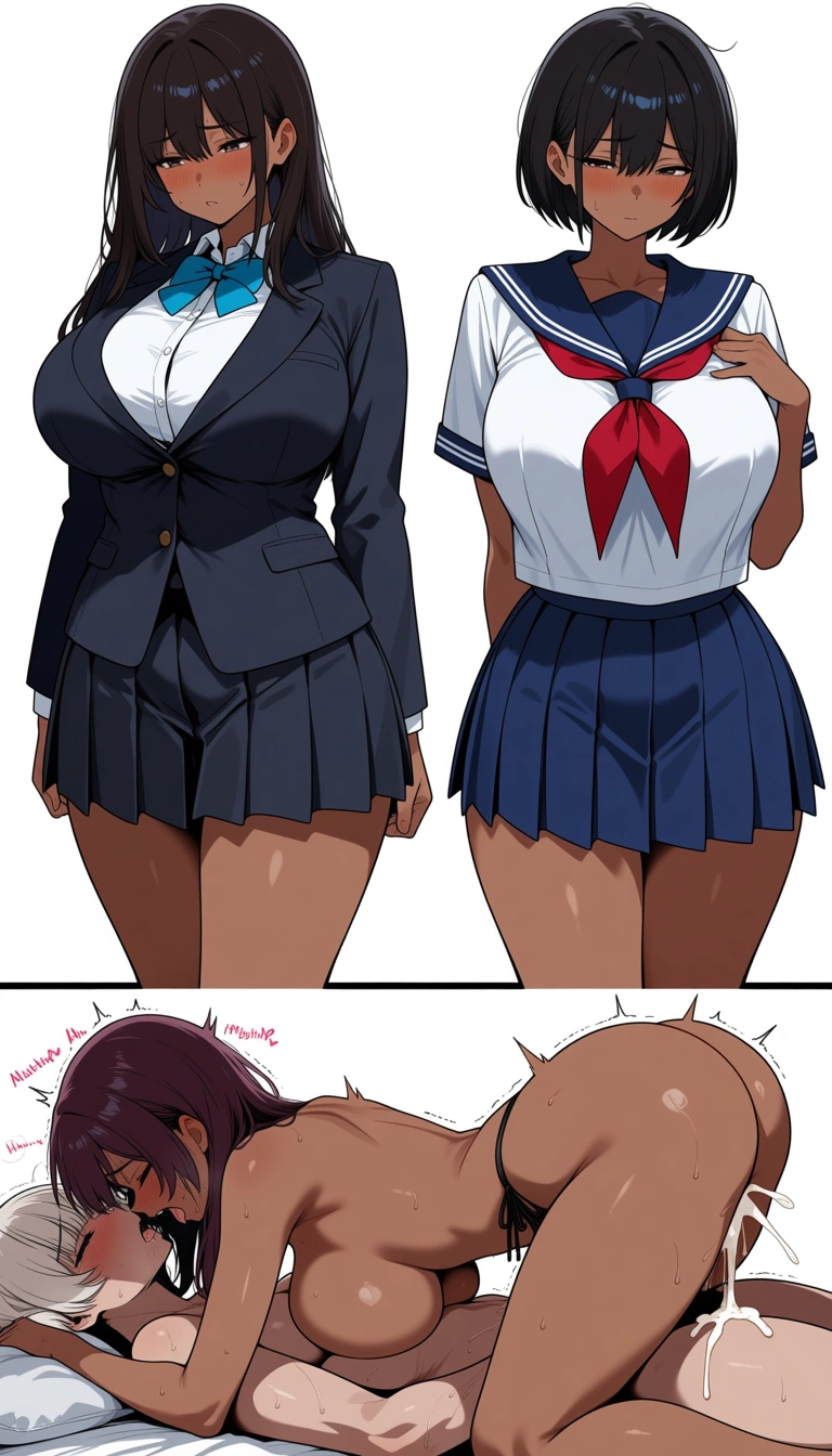 multiple_views, dark-skinned_female, school_uniform, nervous, large_breasts,

First: clothed, standing, full_body, nervous.

Second:
 topless, embarrassed, moaning, cowgirl_position, cum, hentai_studio_quality, hentai_studio_quality, hentai_studio_quality, hentai_studio_quality, hentai_studio_quality